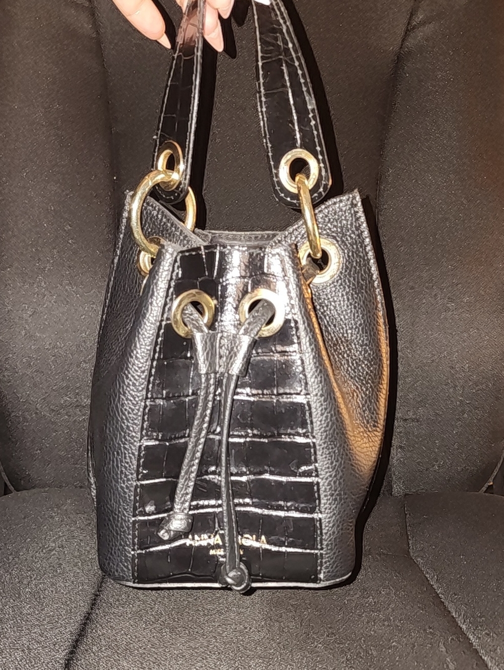 Black Drawstring Bucket Bag with Gold Hardware